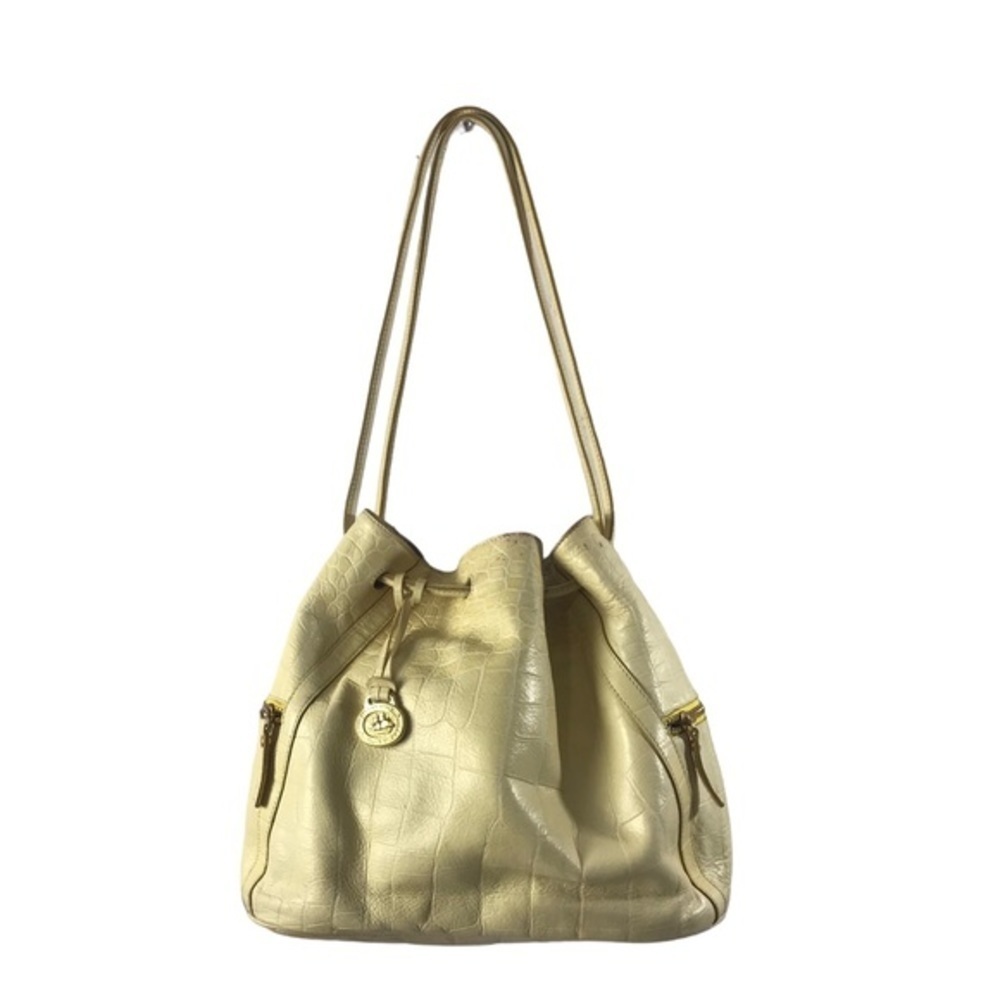 Brahmin Gold Leather Shoulder Bucket Bag with Drawstring Closure